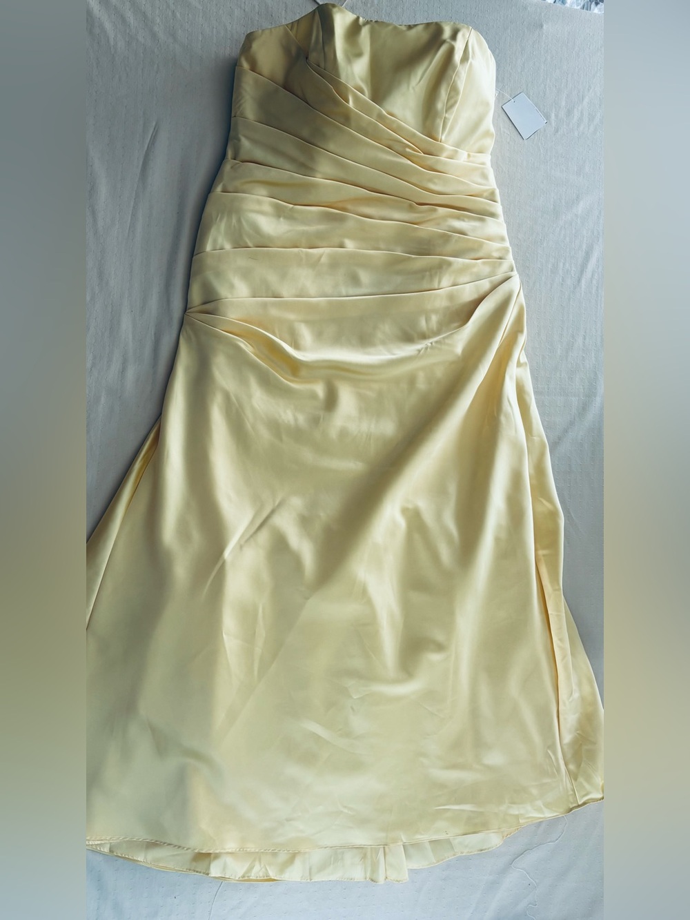 David's Bridal Pale Yellow Satin Strapless Dress Cover with Draped Bodice